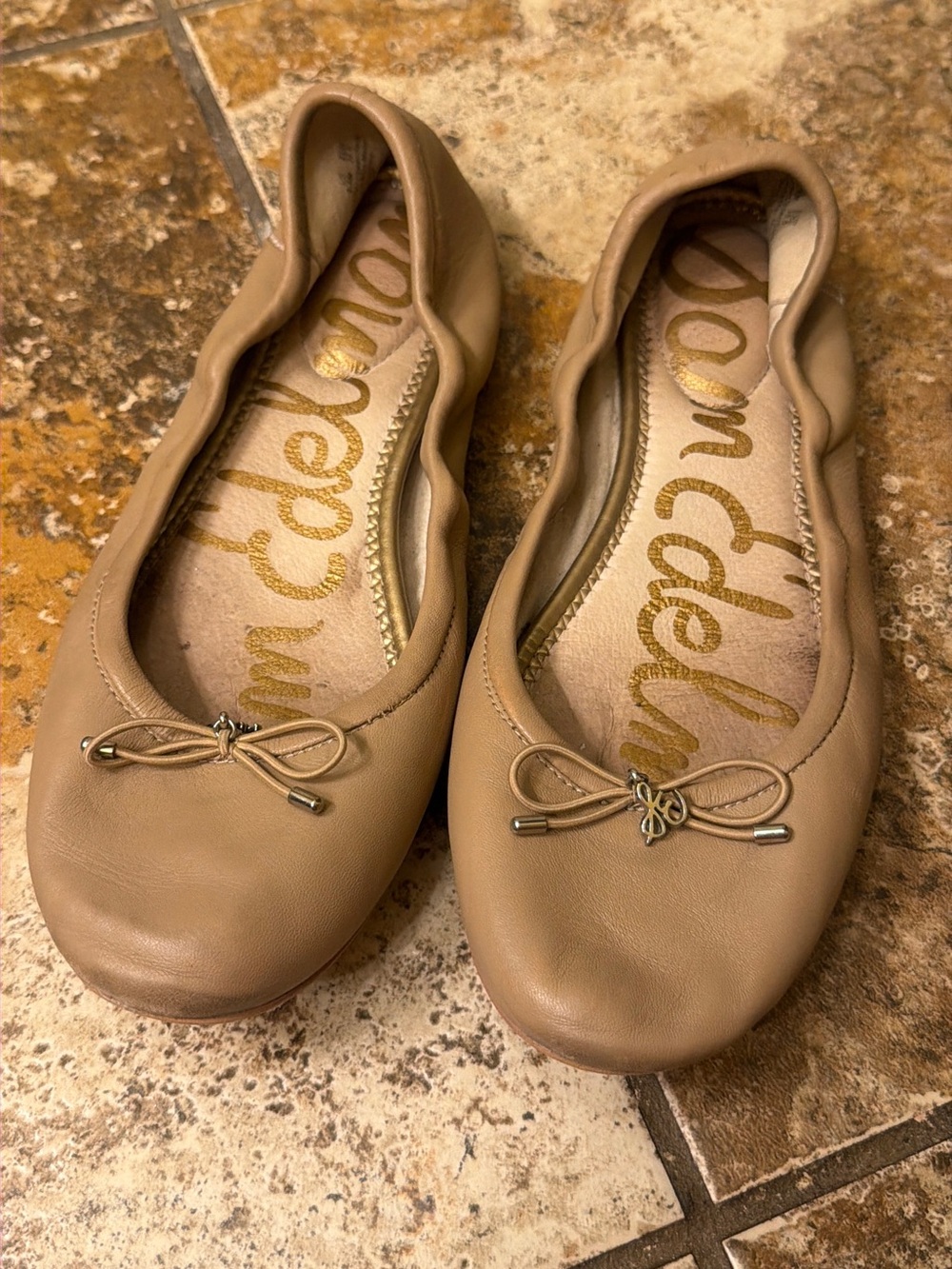 Sam Edelman Taupe Leather Ballet Flats with Bow Accent